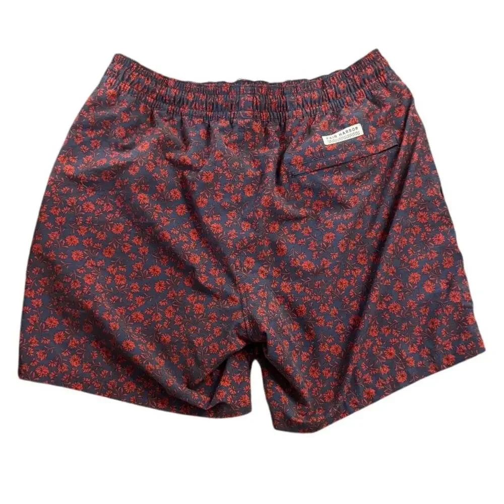 Fair Harbor Bayberry Swim Trunks Men's XL Navy Red Floral Print Recycled Nylon
